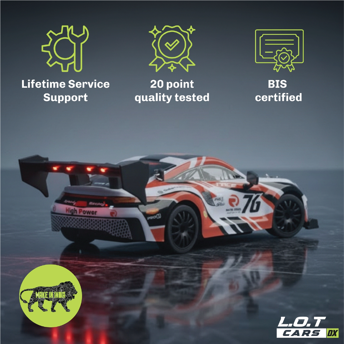 Ghost in Burnout Red above badges for lifetime service support, 20-point quality testing and BIS certification