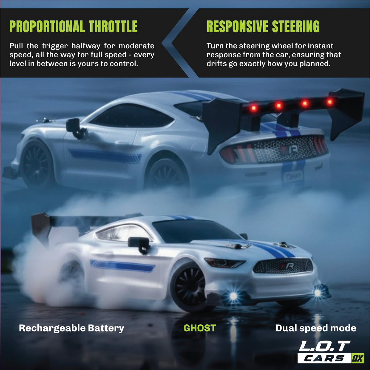 Proportional throttle and responsive steering explained on the Ghost in Street White, shown drifting through smoke