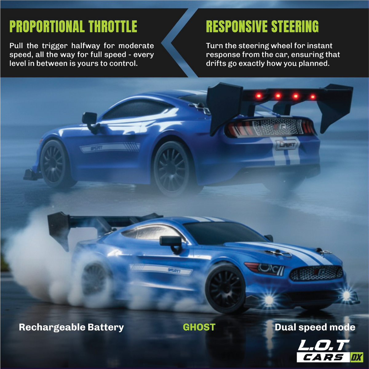 Proportional throttle and responsive steering explained on the Ghost in Street Blue, shown drifting through smoke