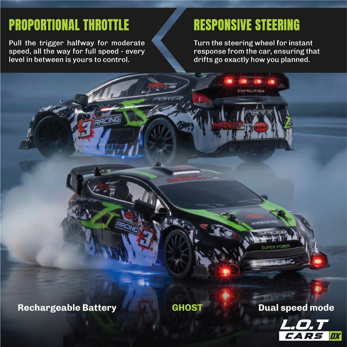 Proportional throttle and responsive steering explained on the green and black graffiti-livery Ghost, drifting through smoke