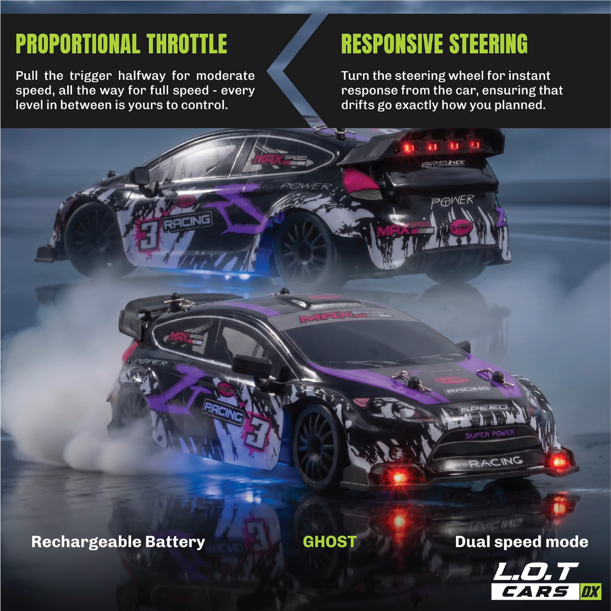 Proportional throttle and responsive steering explained on the purple and pink graffiti-livery Ghost, drifting through smoke