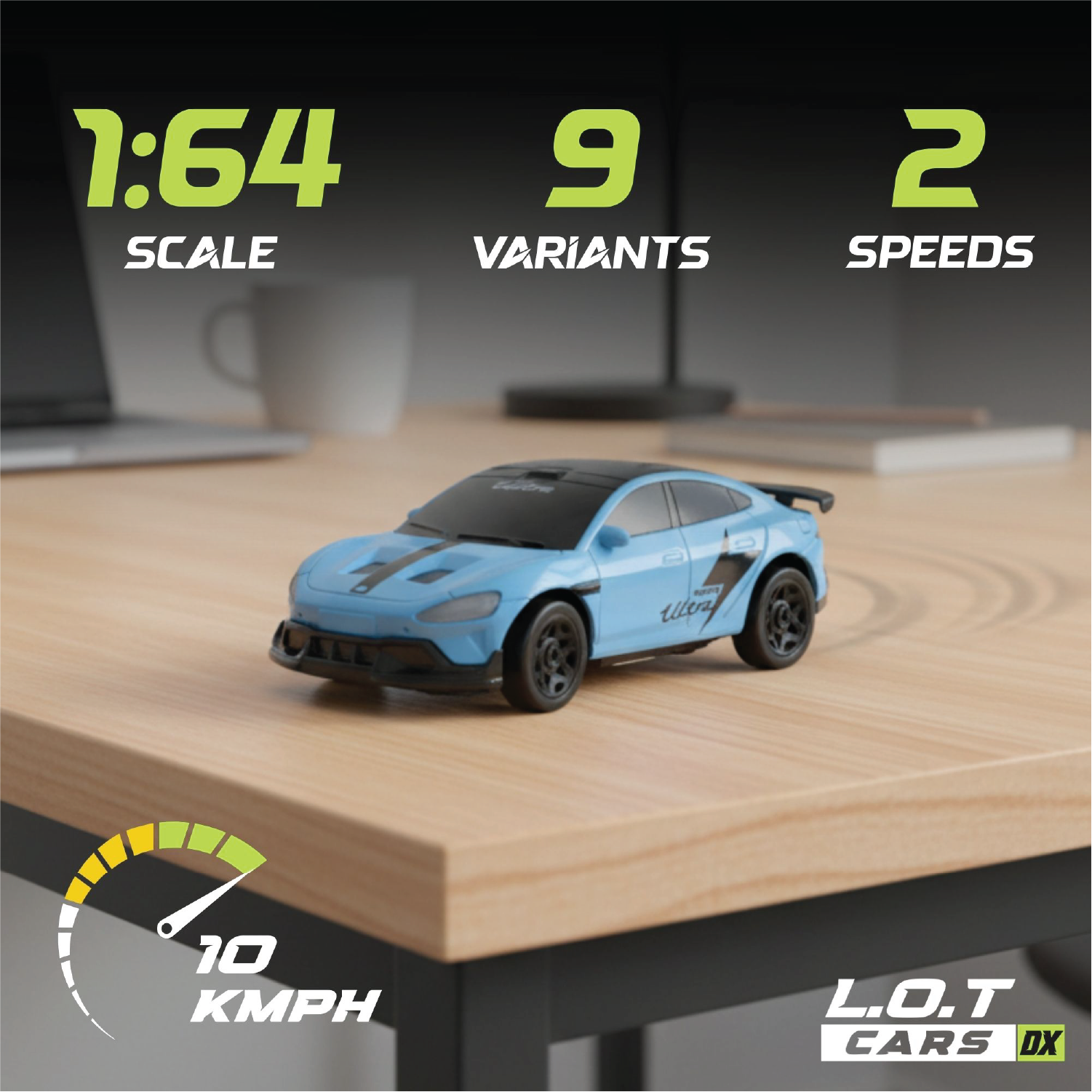 Blue toy RC car on a desk with specifications displayed