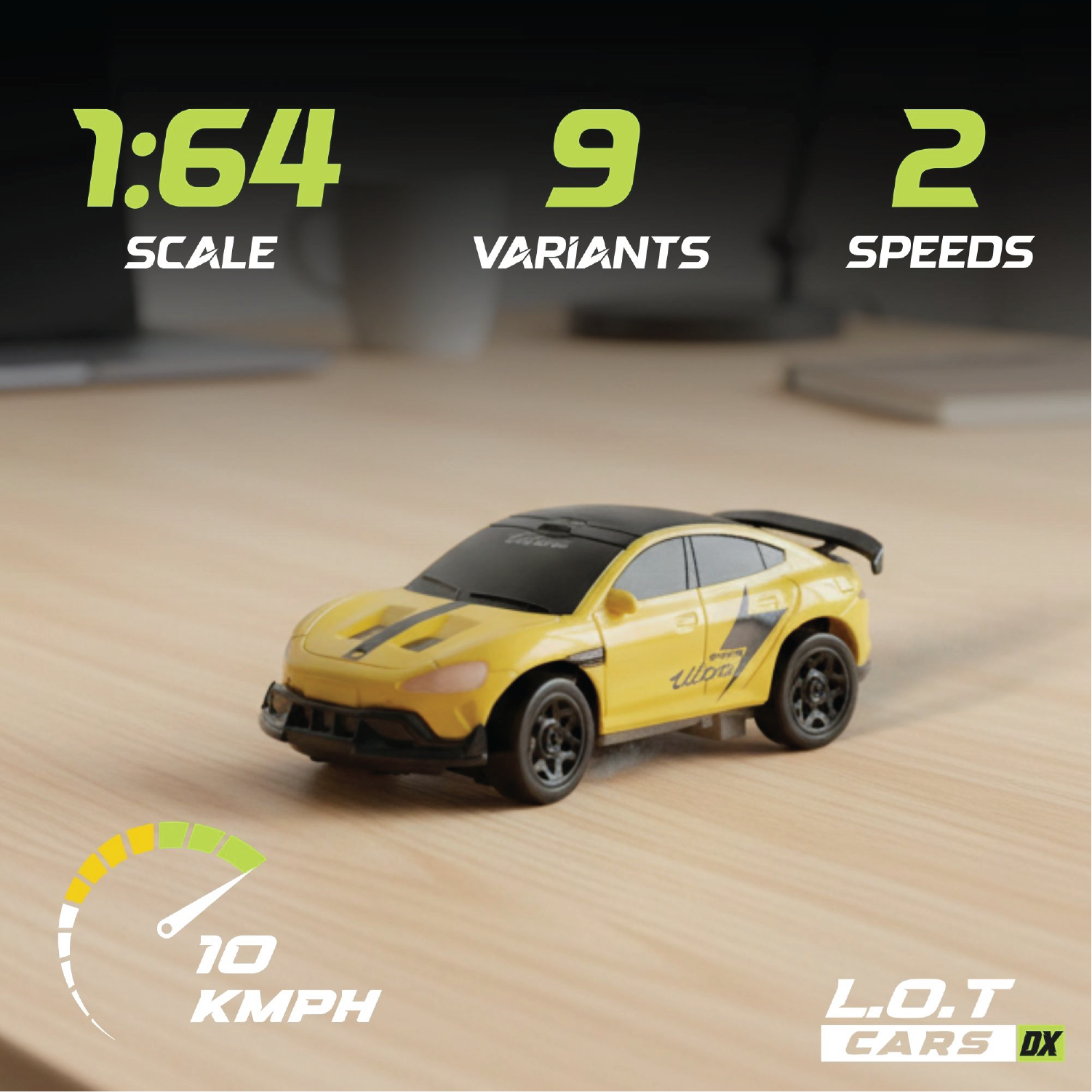 Yellow toy RC car on a track with specifications displayed
