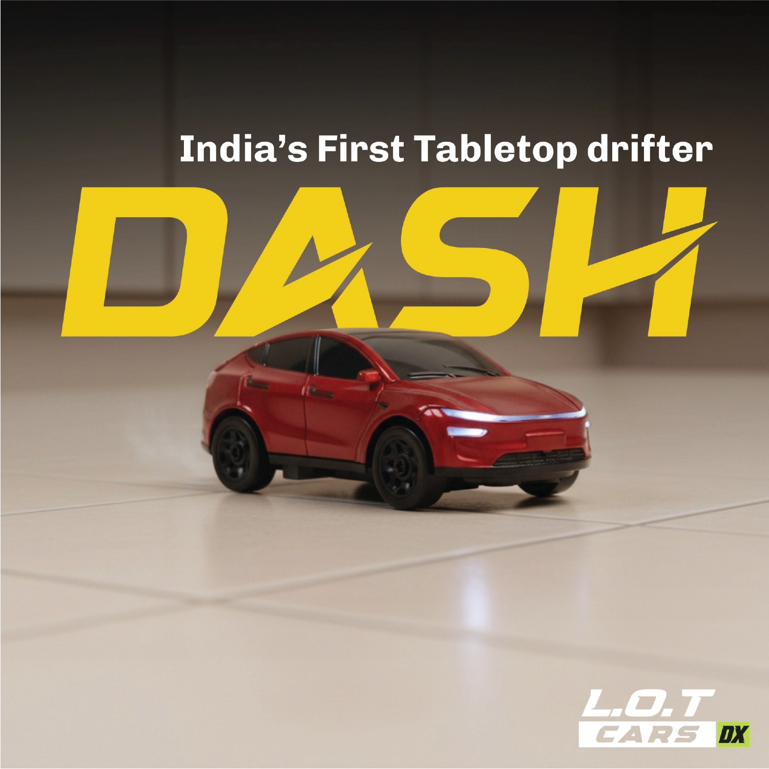 Red model RC car on a gray surface with 'DASH' and 'L.O.T Cars' branding.