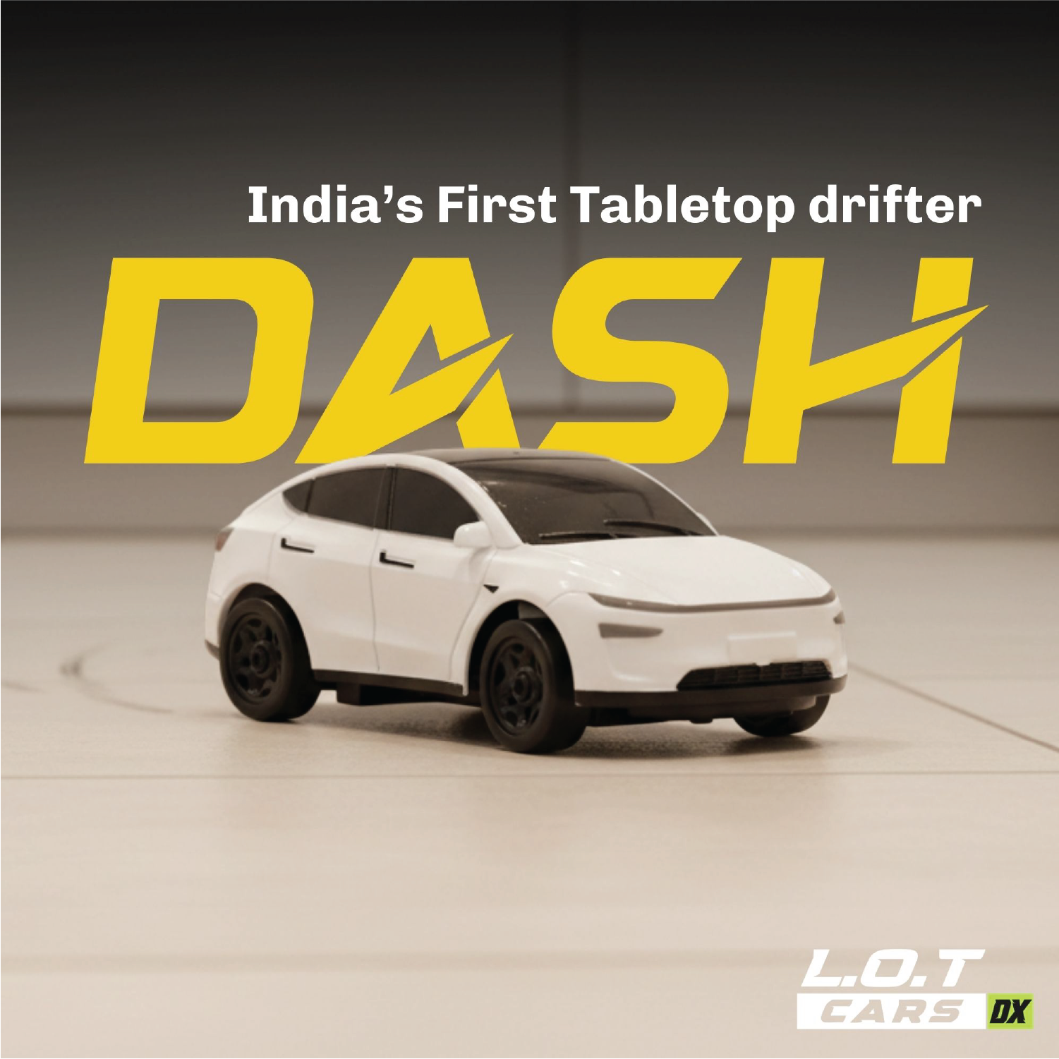 White model RC car on a gray surface with 'DASH' in yellow and text above it, featuring 'L.O.T Cars DX'.