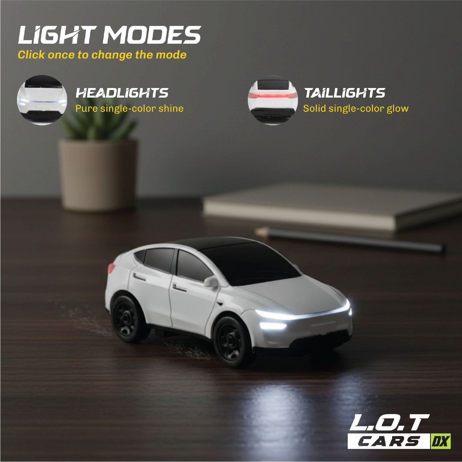Model RC car with light modes displayed on a dark surface