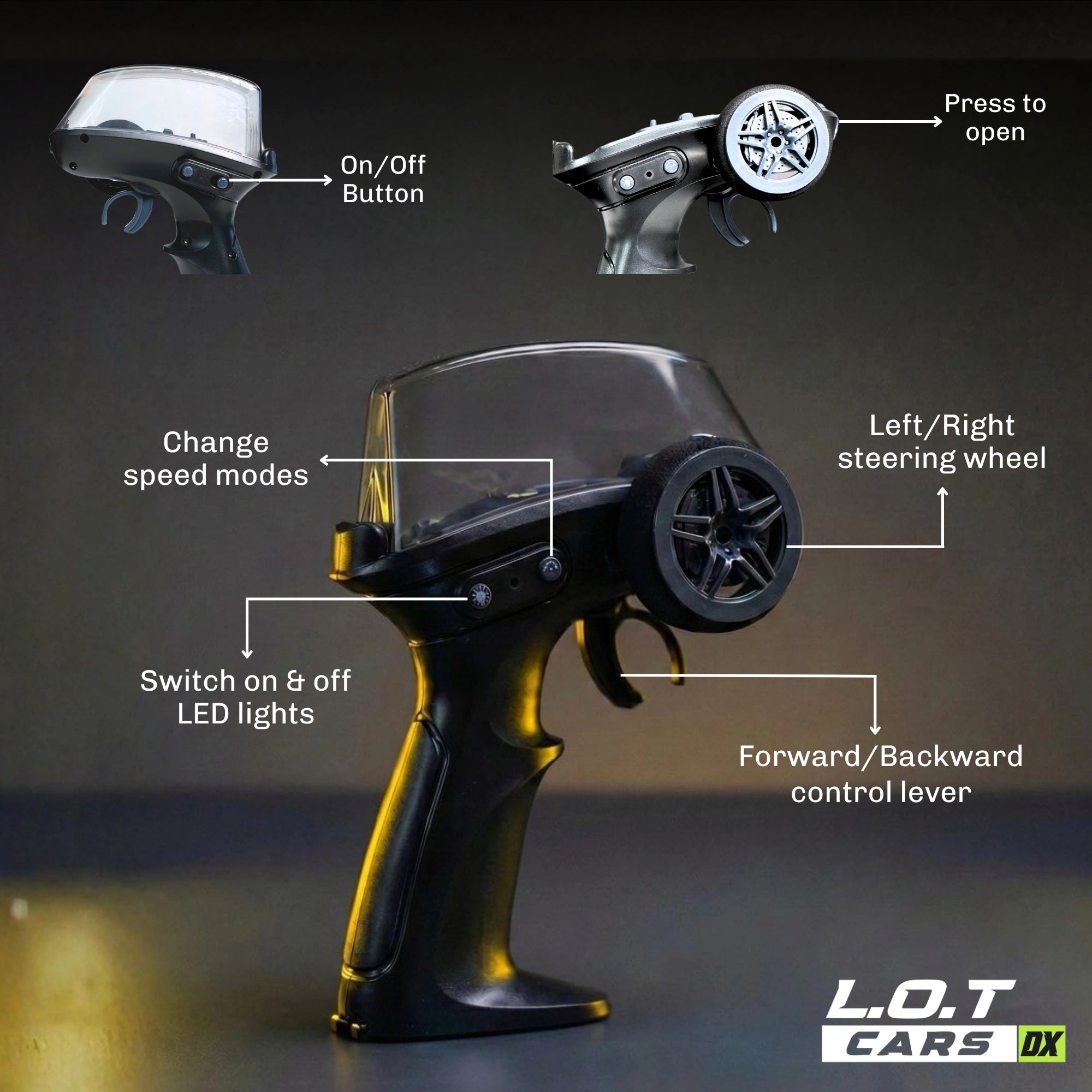 RC car remote control with labeled parts on a dark background