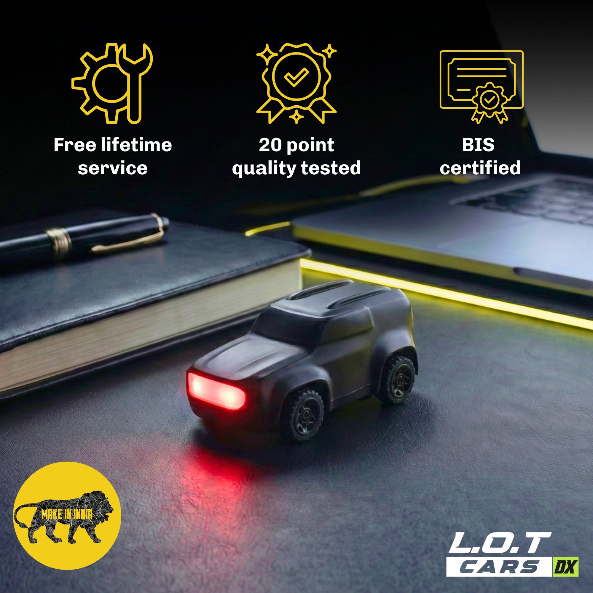 Small RC car with red light on a dark surface, surrounded by certification icons and text.
