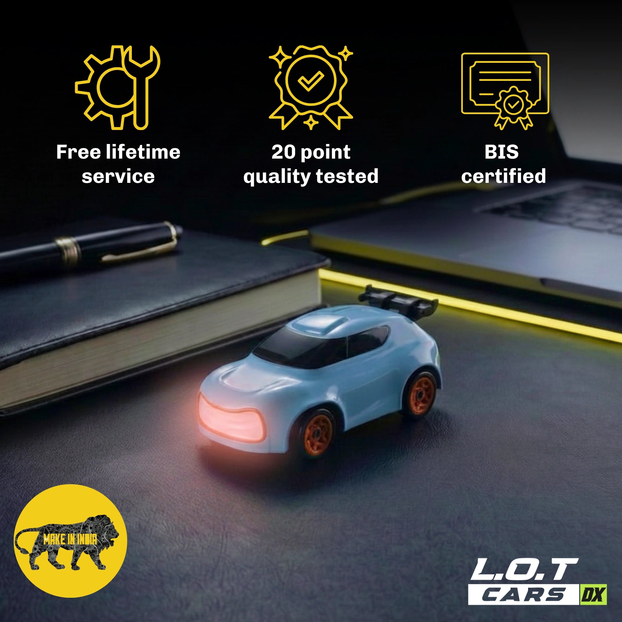Small RC car on a dark surface with certification icons and text.