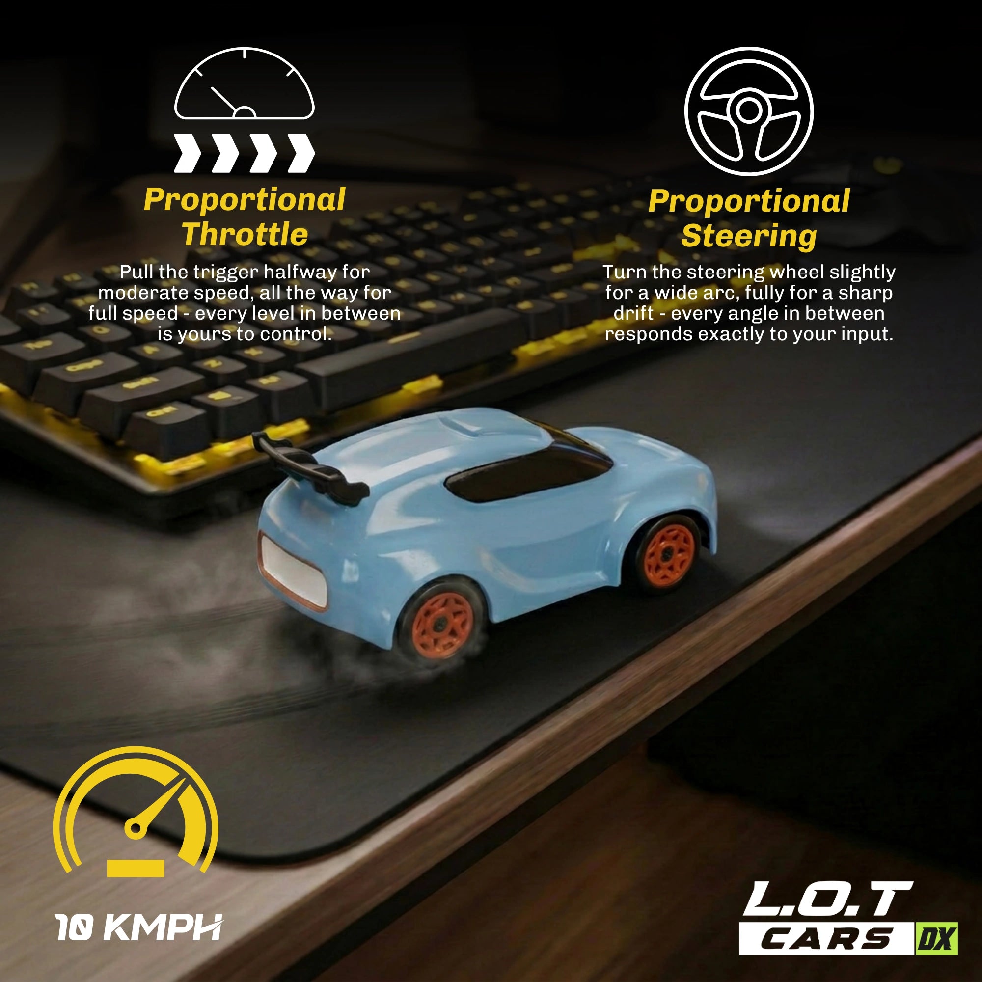 RC car on a desk with keyboard, showcasing proportional throttle and steering features.
