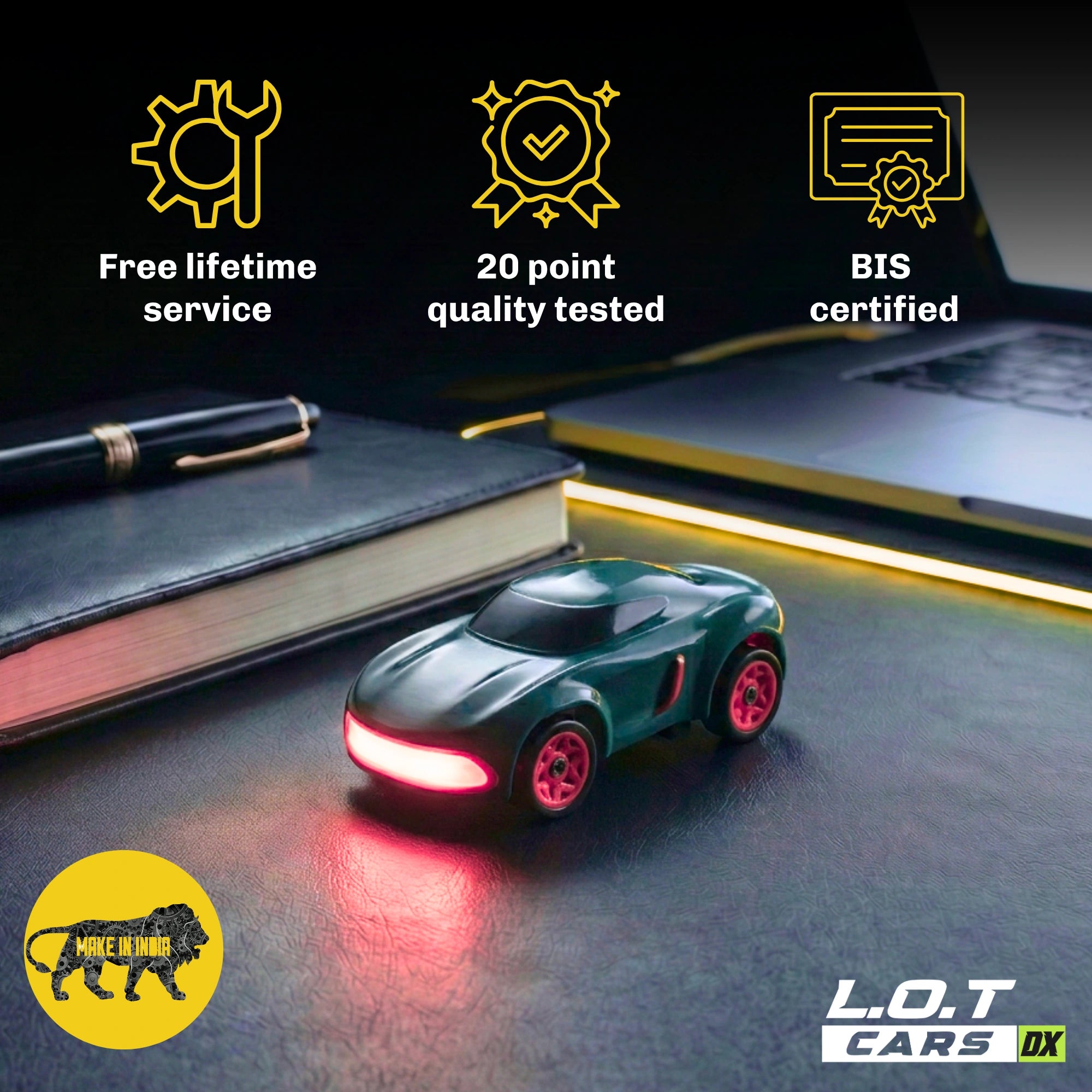 RC car with glowing wheels on a desk, featuring certification icons and text.