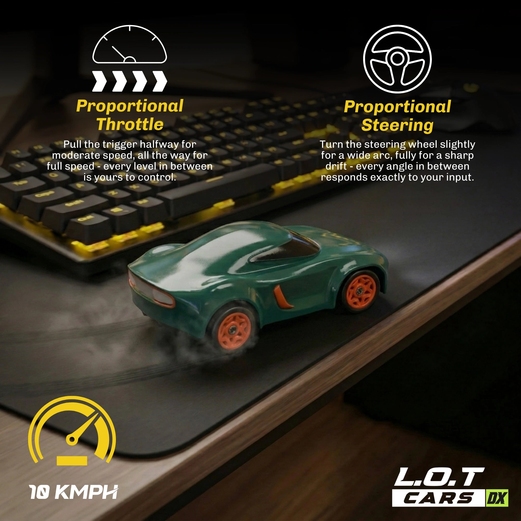 RC car on a desk with keyboard, showcasing proportional throttle and steering features.