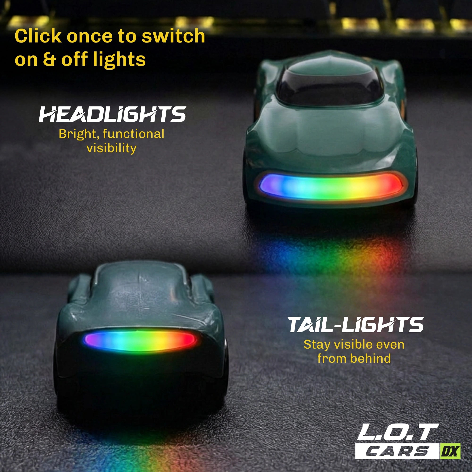 RC cars with colorful headlights and tail lights on a dark surface, featuring text instructions.