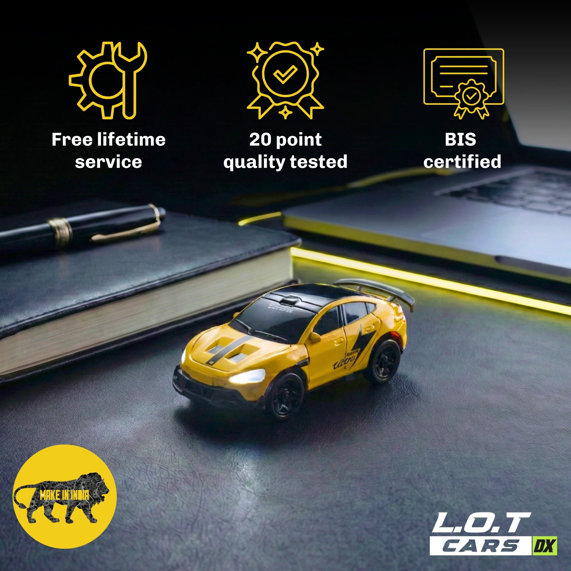 Yellow RC car on a dark surface with certification icons and text.