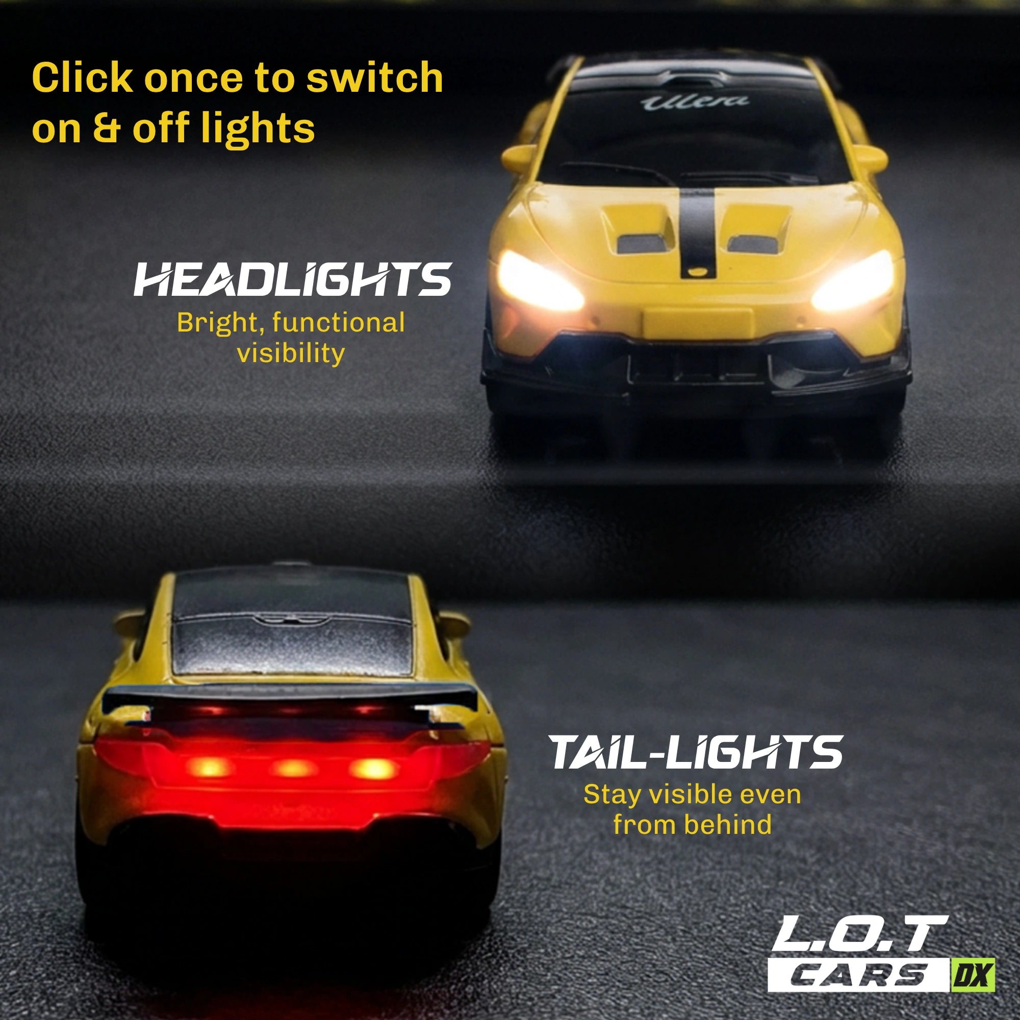 Yellow RC car with illuminated headlights and tail lights on a dark background, featuring text about car lights.