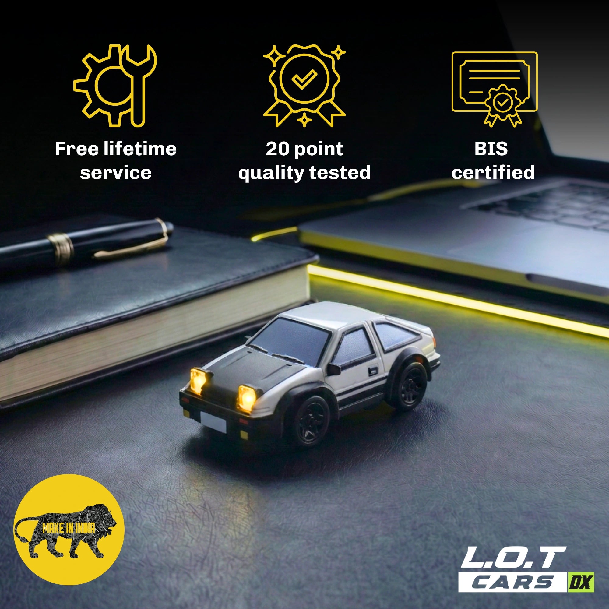 RC car on a dark surface with certification icons and text.