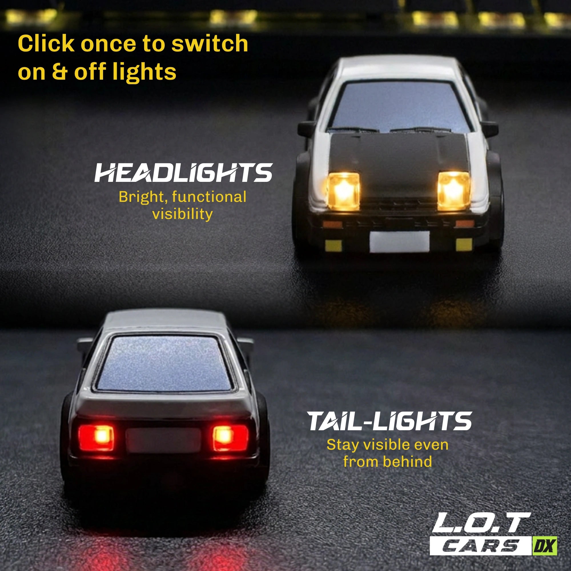 Two RC cars demonstrating headlights and tail lights on a dark road.