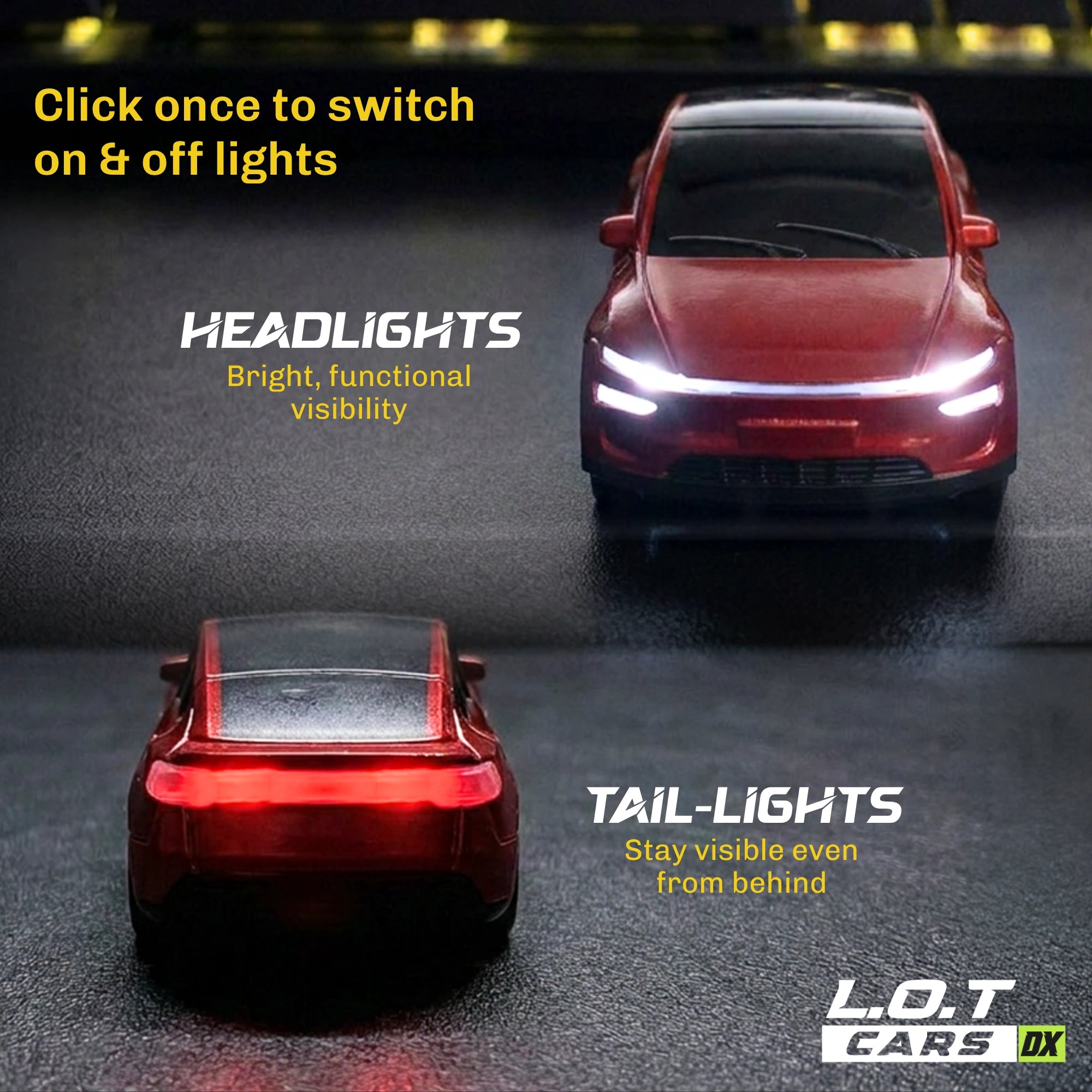 Red RC car with illuminated headlights and tail lights on a dark background, featuring text about the lights' functionality.