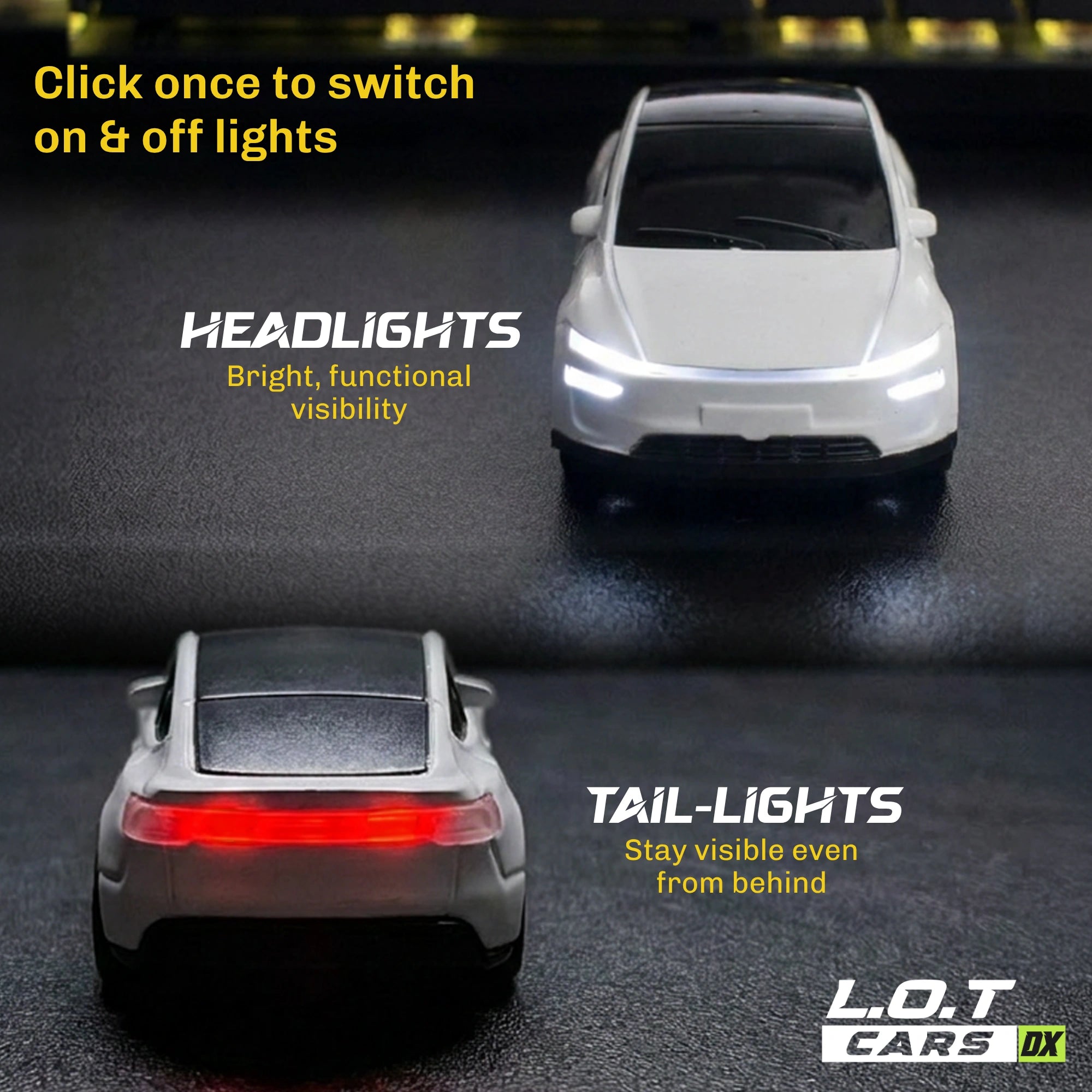 RC car showcasing headlights and tail lights with text on a dark background