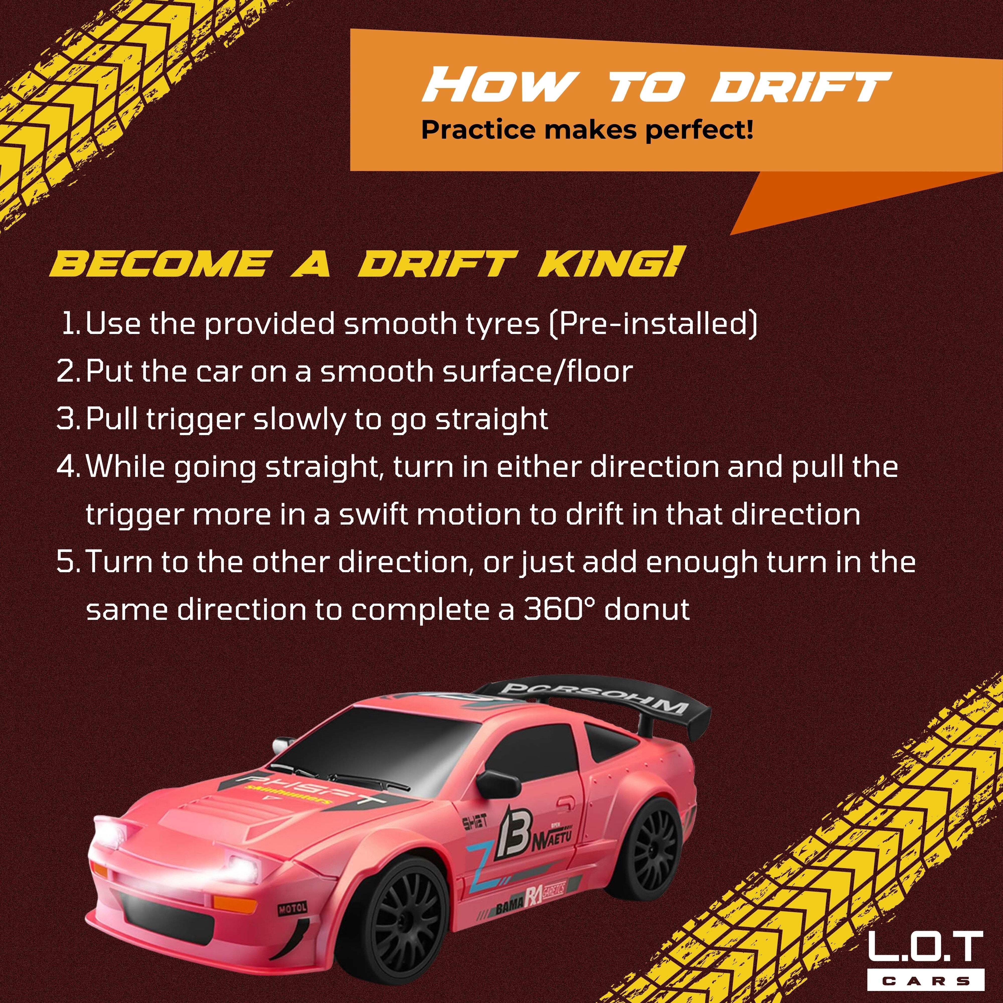 L.O.T Cars Remote Control Car - Flare | 20Kmph, 2.4Ghz | Drift Car Remote Control, 4WD, Boost Mode, Long Range Remote, Hardplastic Top with LED Head Light - Track Pink