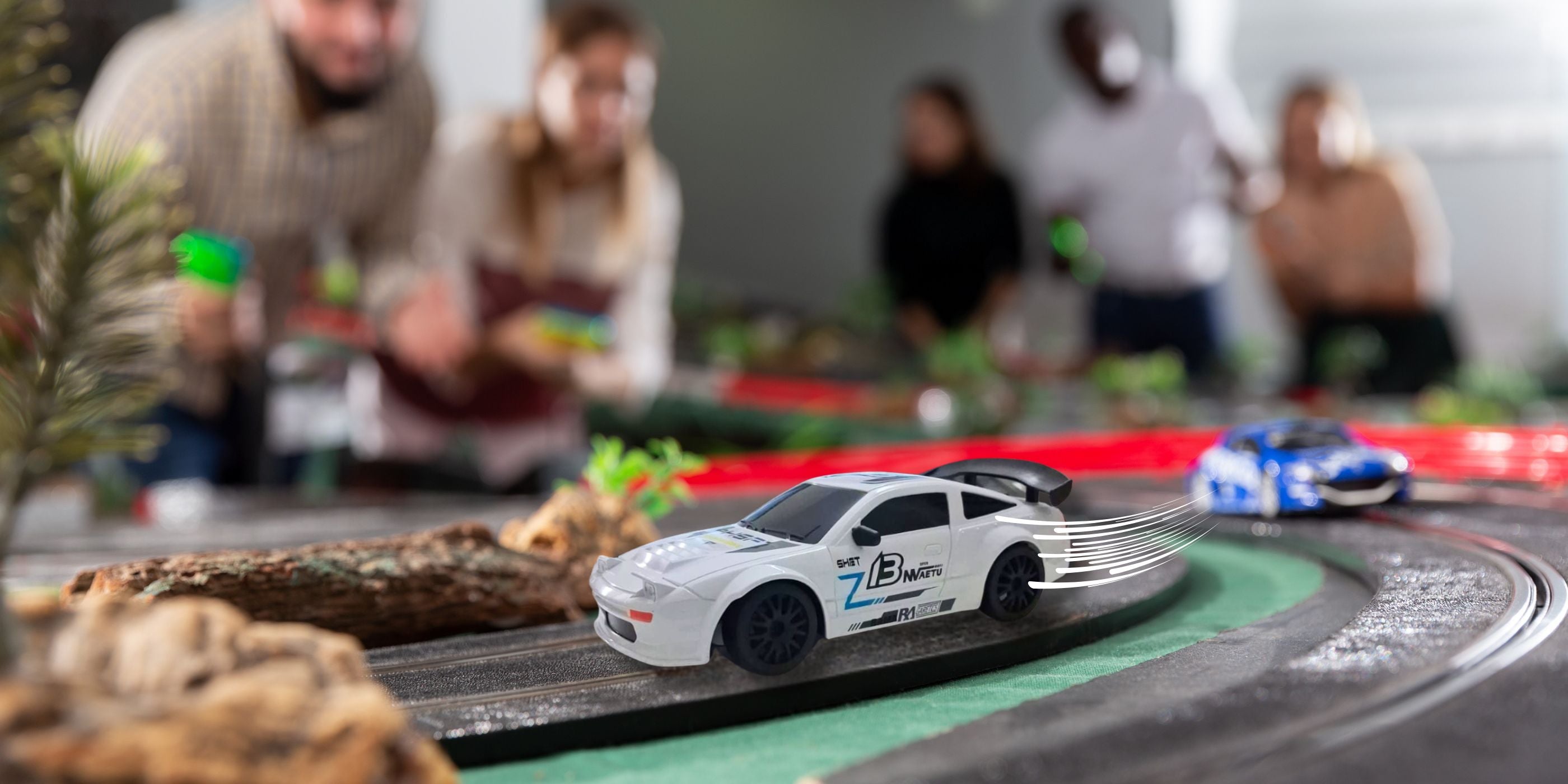 L.O.T Cars Flare (Track White) RC Drift Car Drifting through a track with a group of people watching