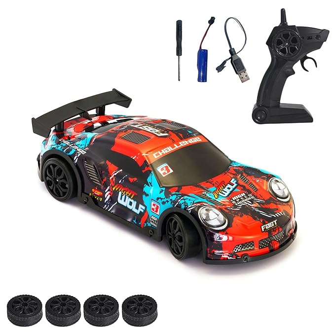 Colorful remote control car with accessories on a white background