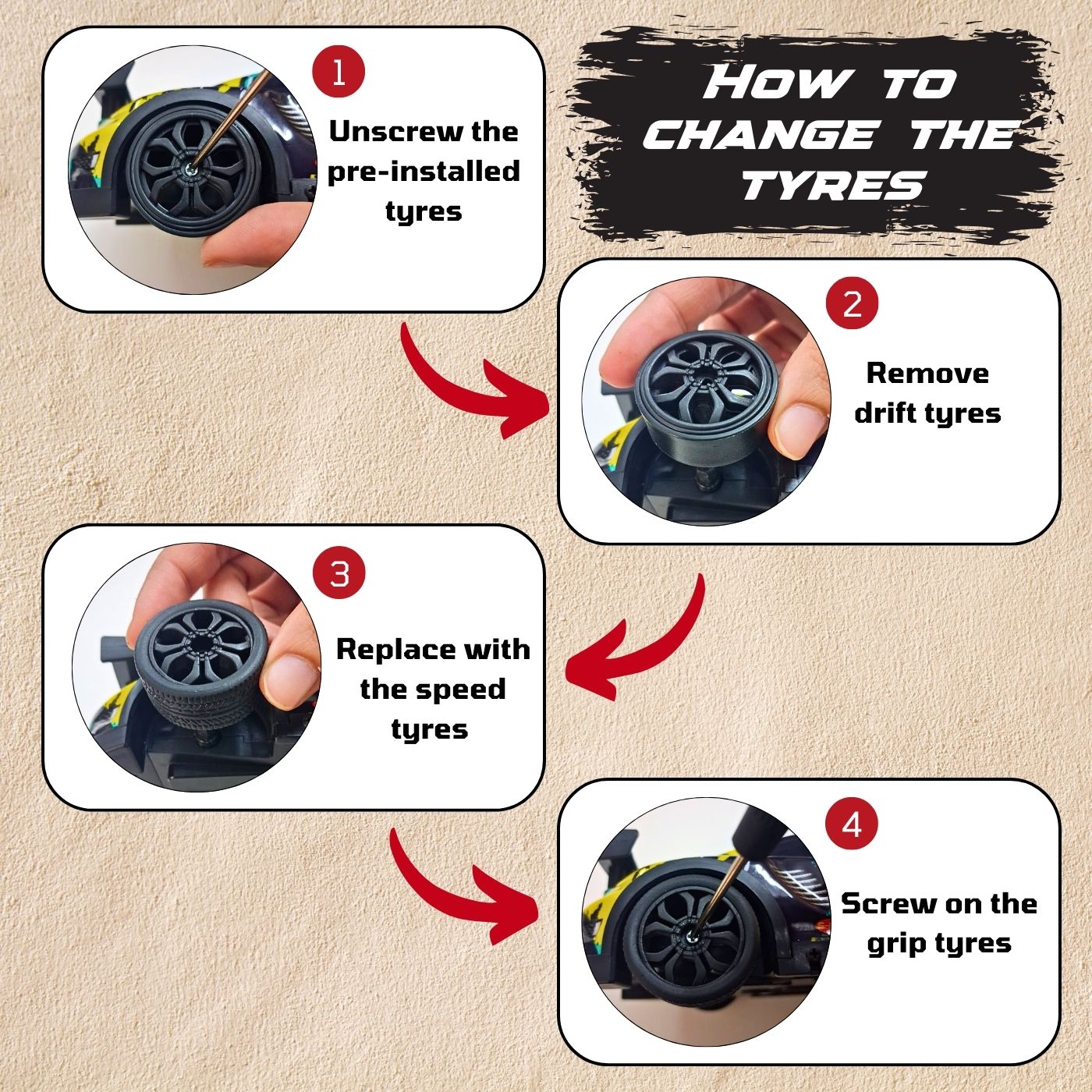 Guide to change tyres on L.O.T Cars Night Wolf RC Drift Car