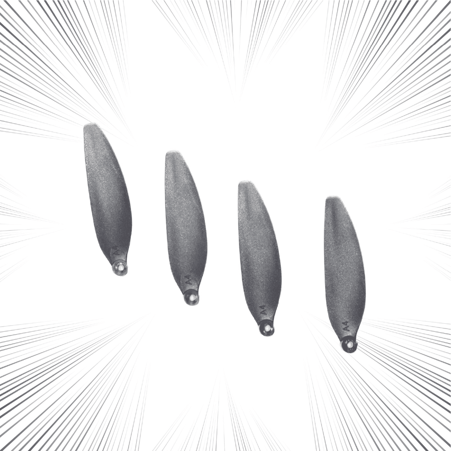 Four metallic gray fishing lures on a white background with radiating lines