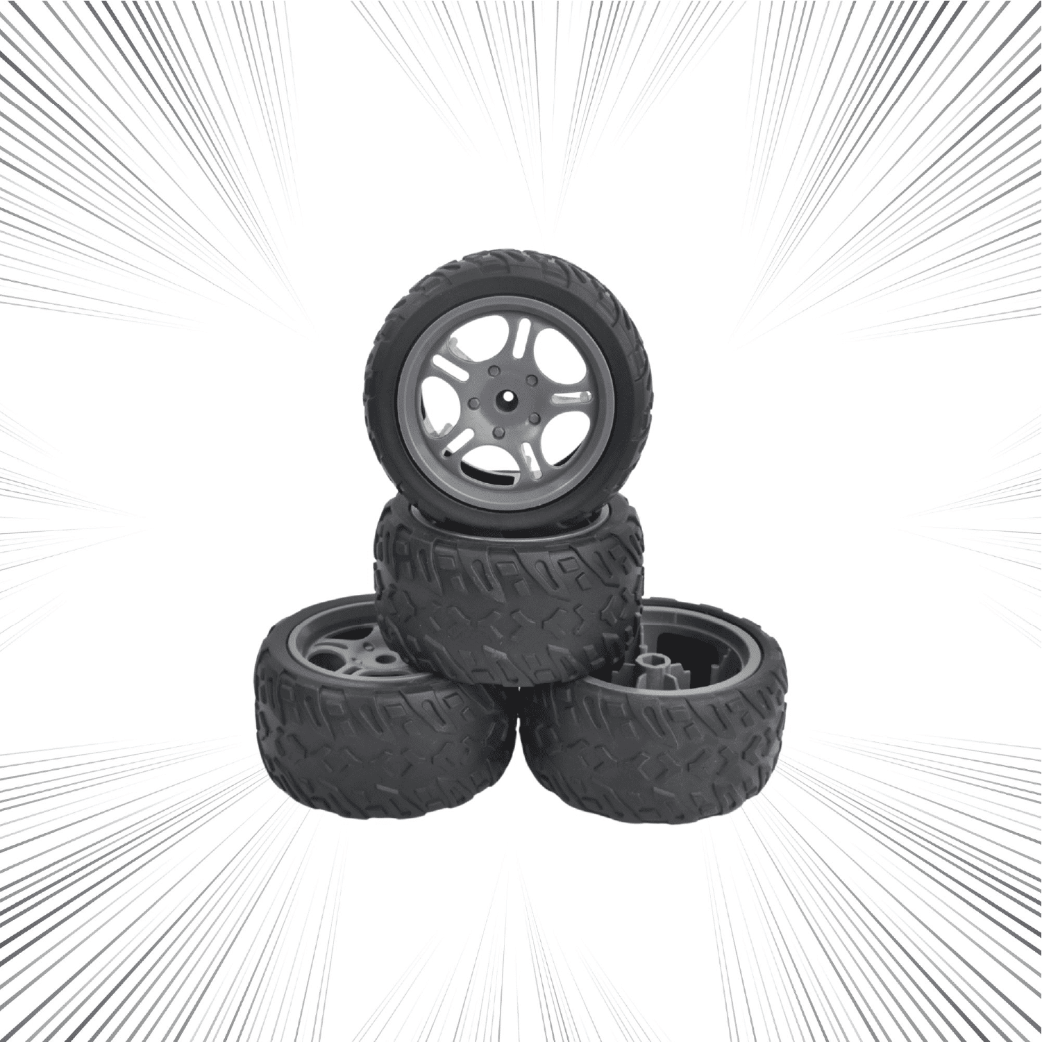 Stack of black tires with tread patterns on a white background