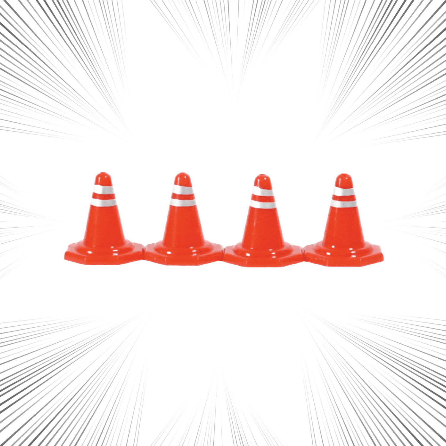 Four orange traffic cones with white stripes on a white background