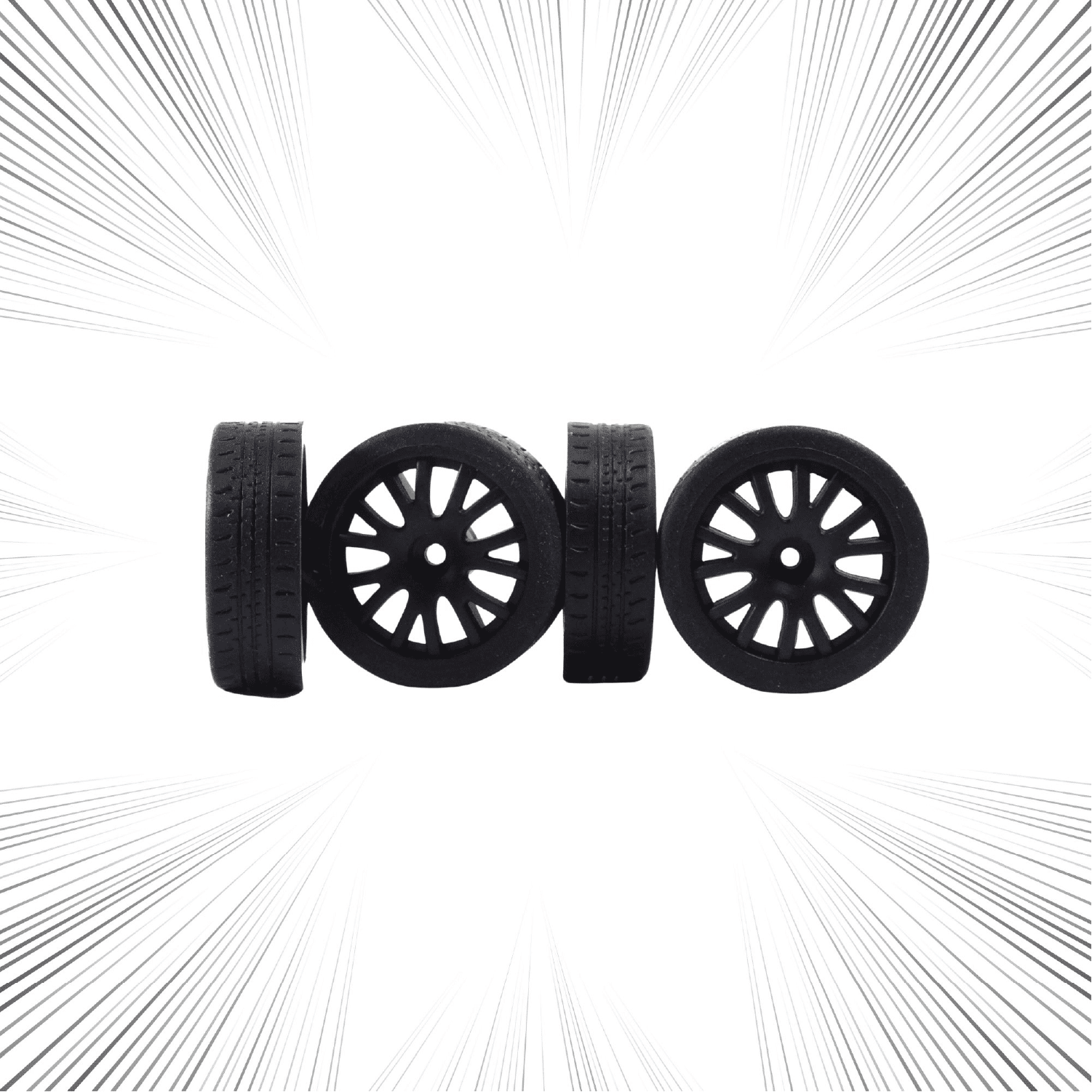 Four black wheels on a white background