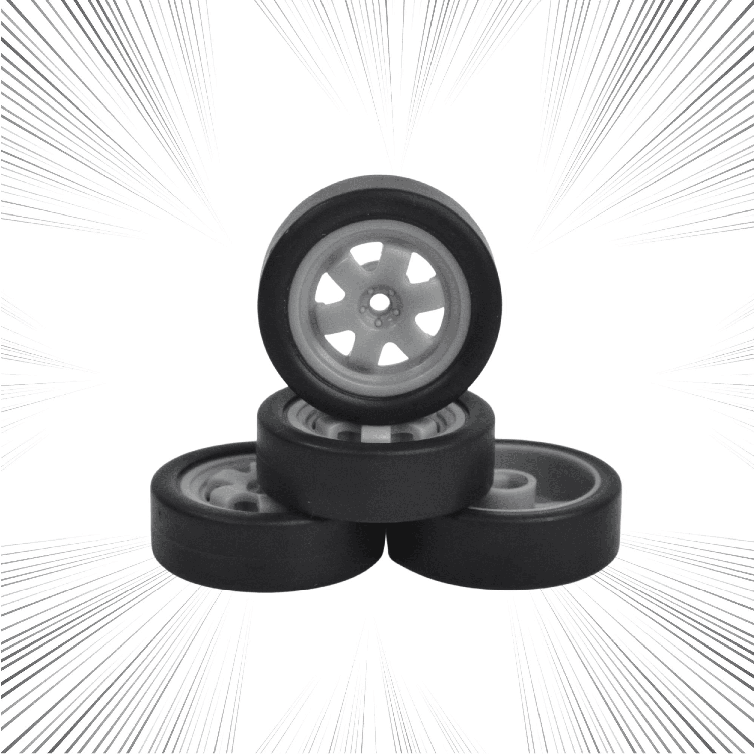 Four black wheels with gray centers on a white background