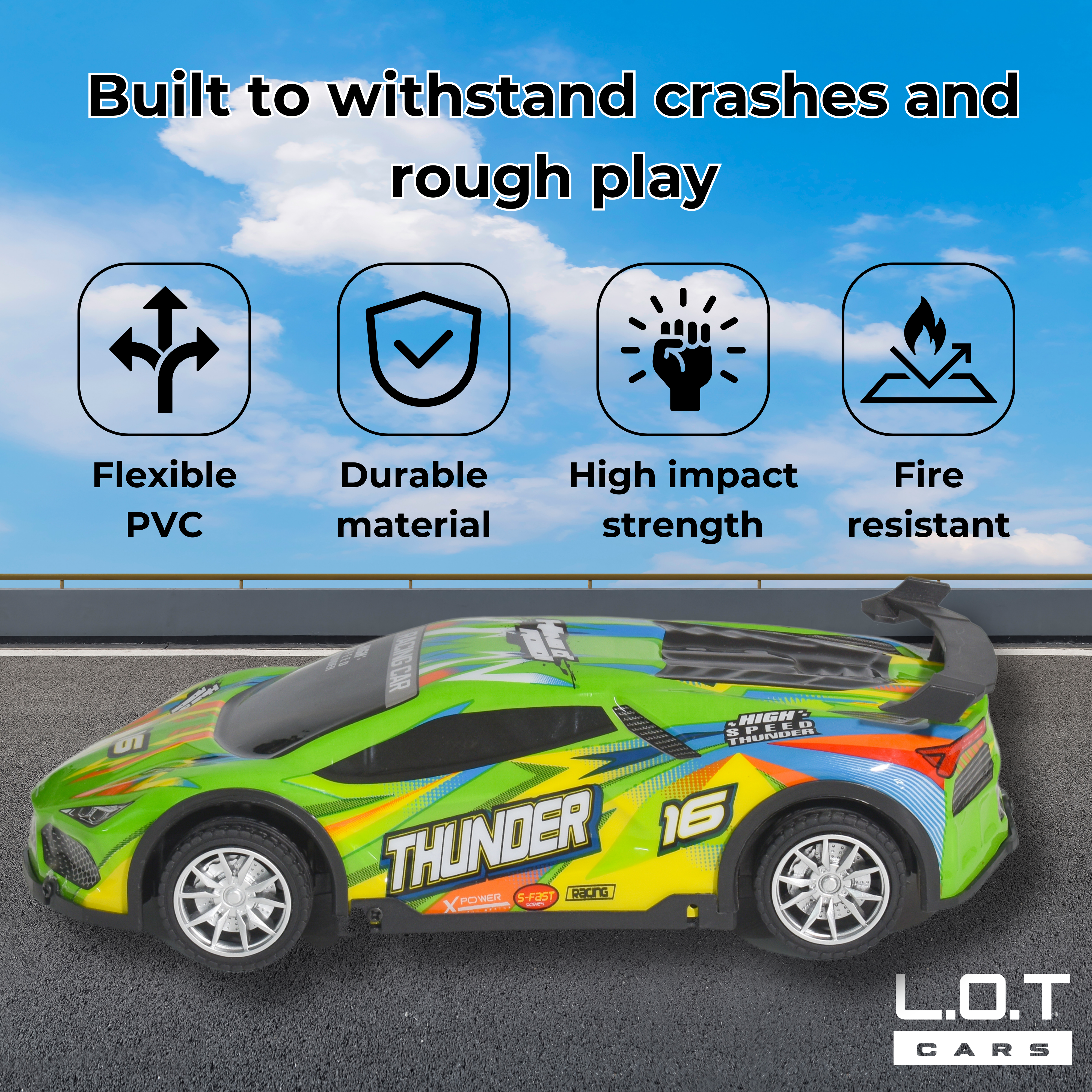 L.O.T Cars Remote Control Car - Thunder | 15Kmph, 2.4Ghz | PVC Shell, High-Speed Racing track Car, Long-Range Control with LED Lights - Green