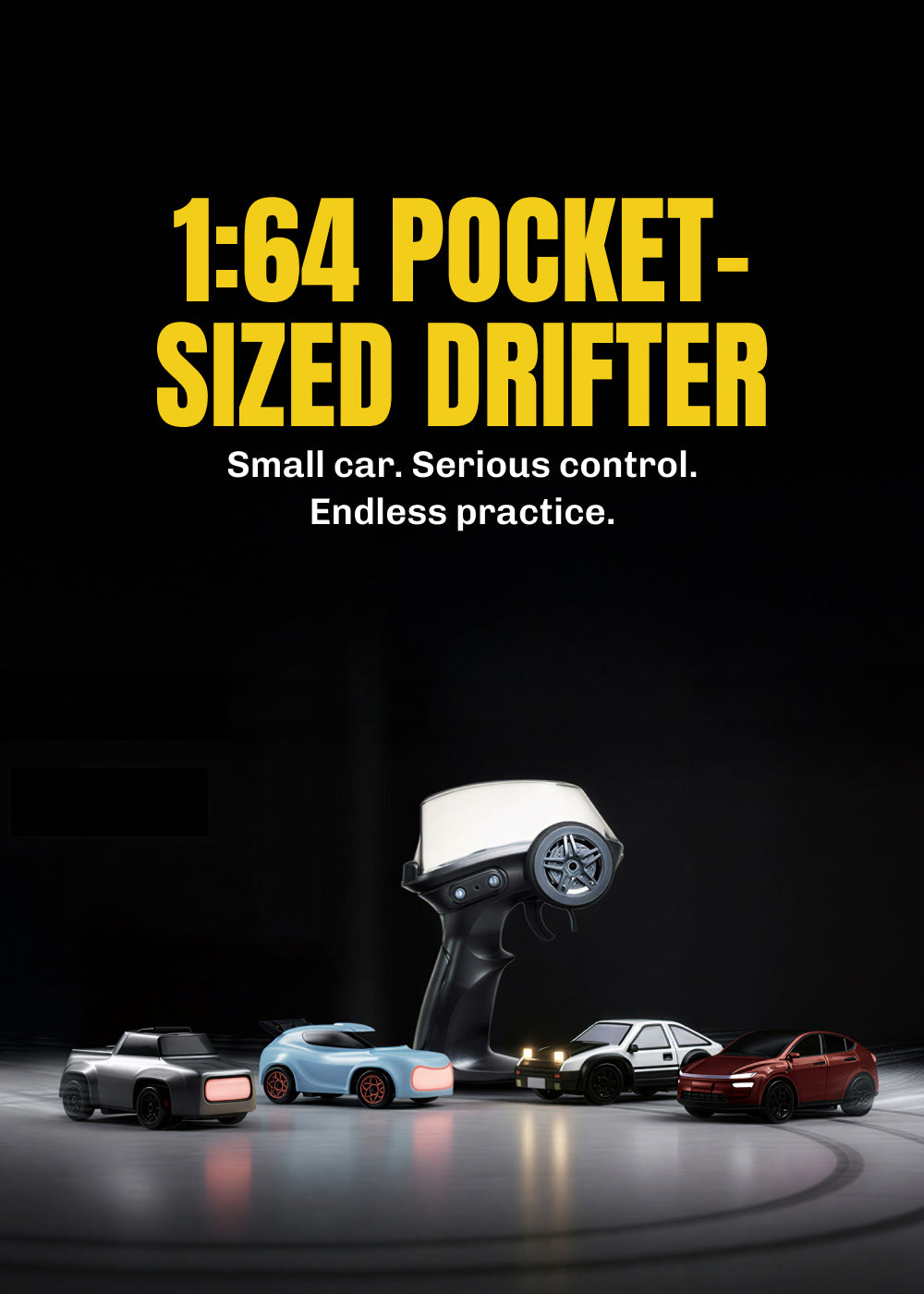 Promotional image of a 1:64 pocket-sized drifter with remote control on a dark background.