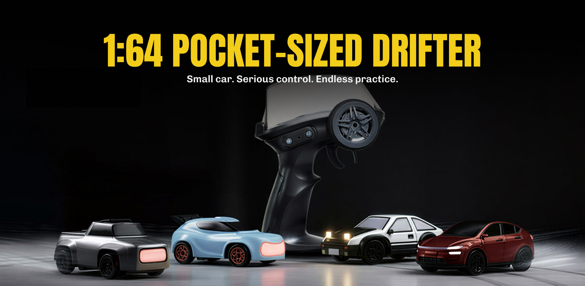Model RC cars displayed with a remote control car on a dark background, featuring text about a '1:64 Pocket-Sized Drifter'.