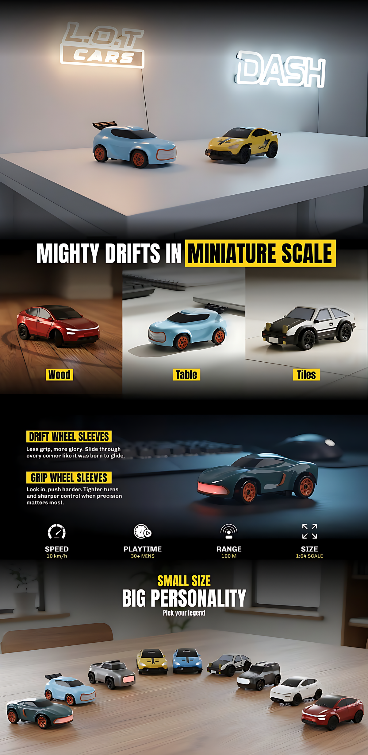 L.O.T Cars Dash Mini RC Car - 1:64 Scale RC Drift Car