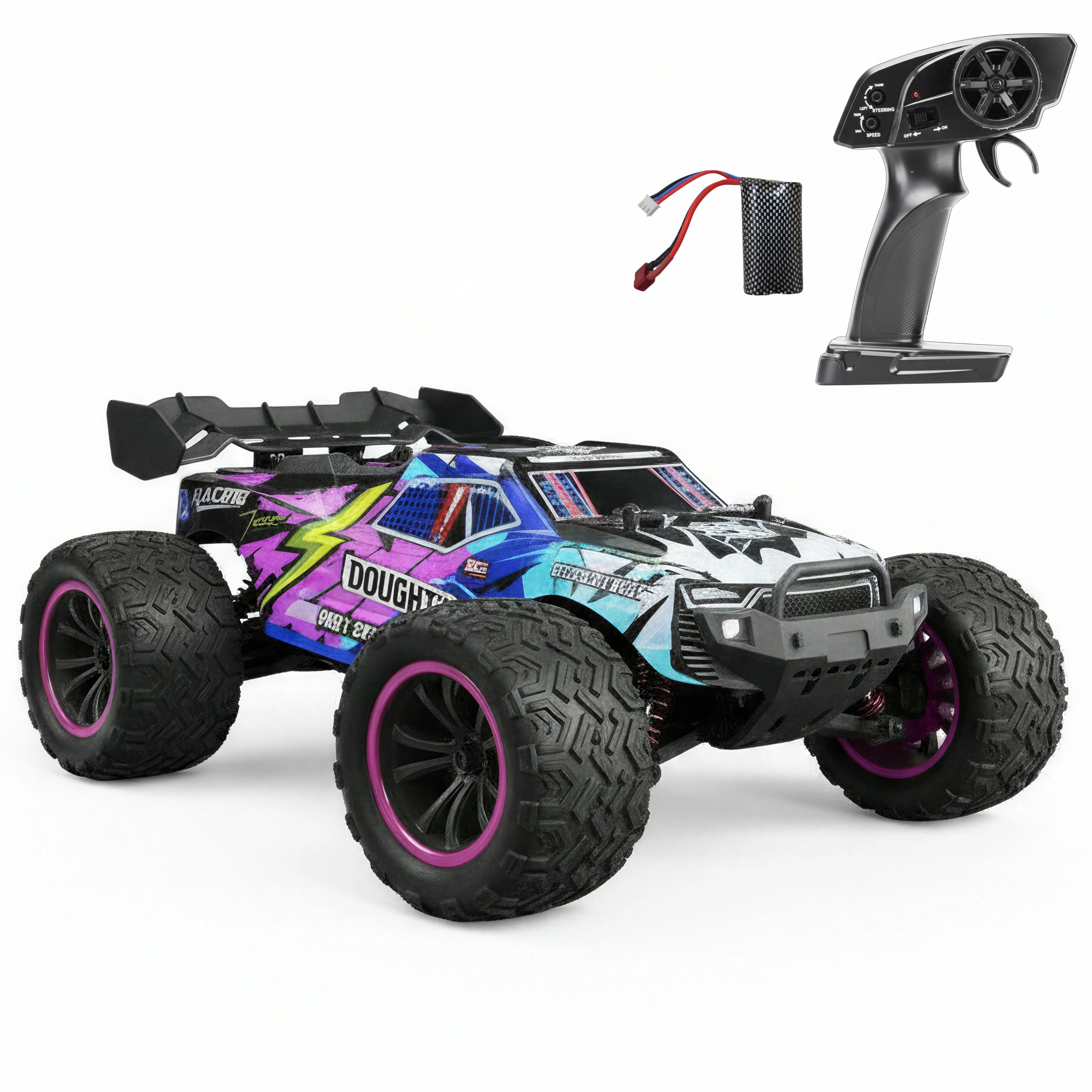 Remote control monster truck with colorful design and large wheels on a white background