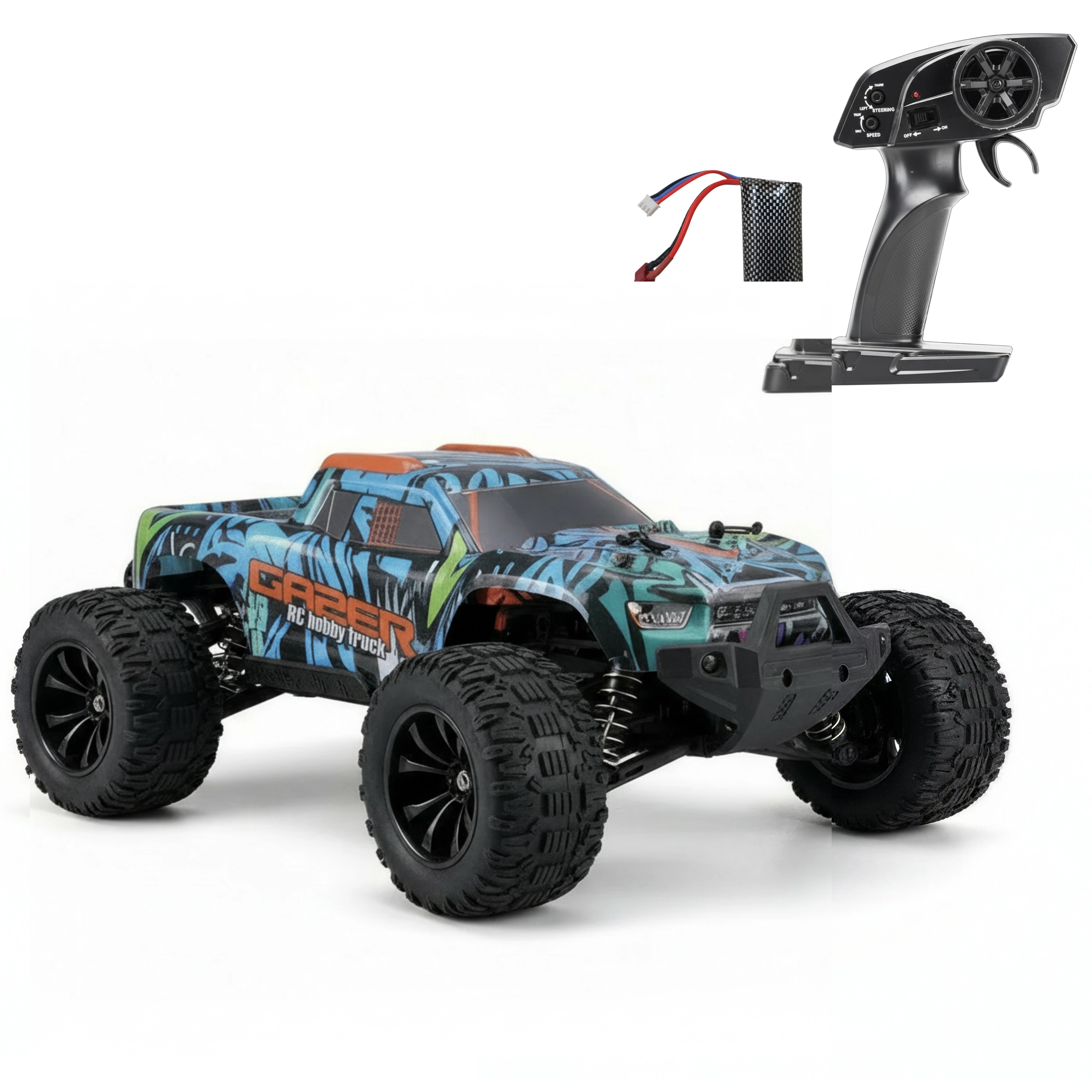 Remote control monster truck with colorful design on a white background