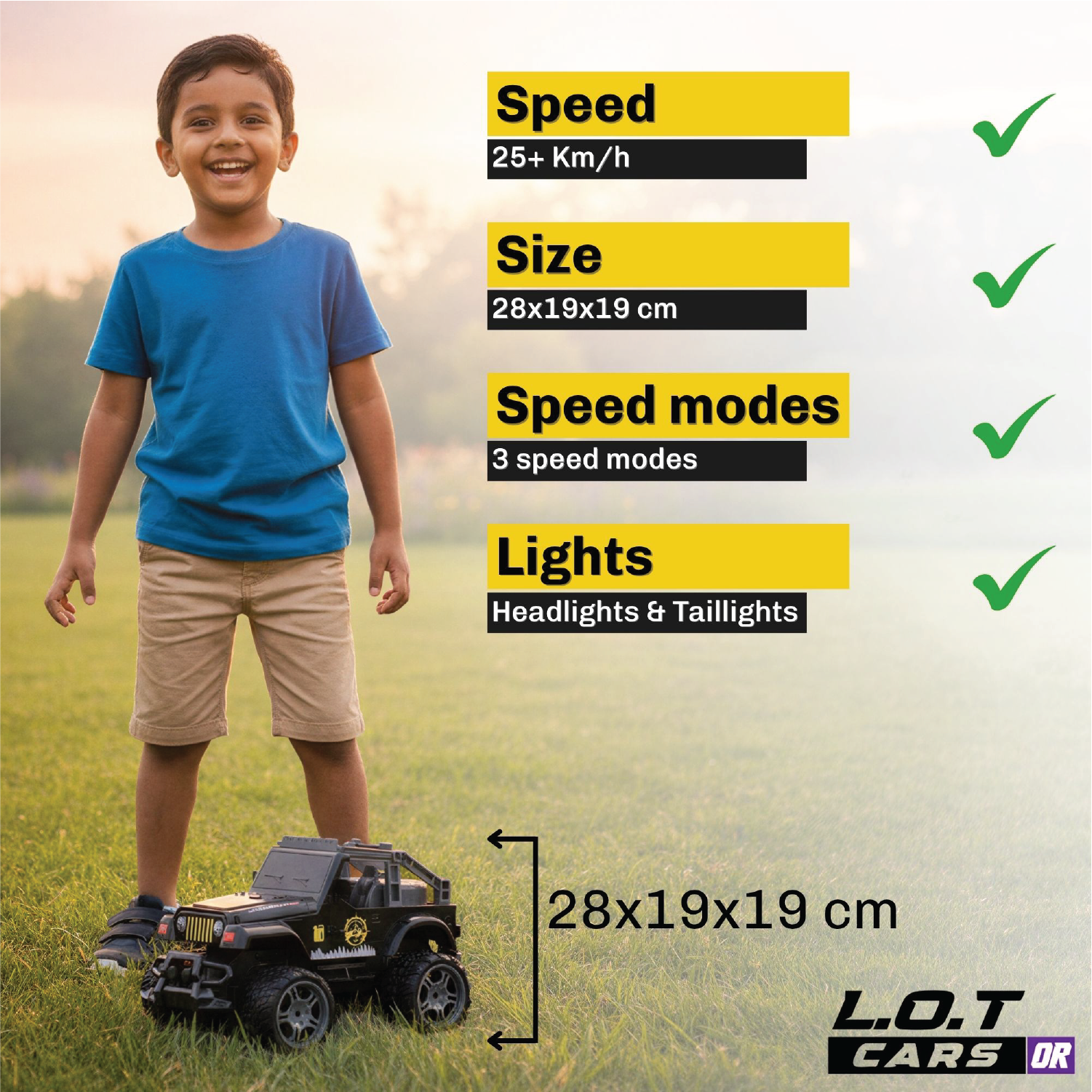 Child standing next to a RC car with specifications listed on a white background