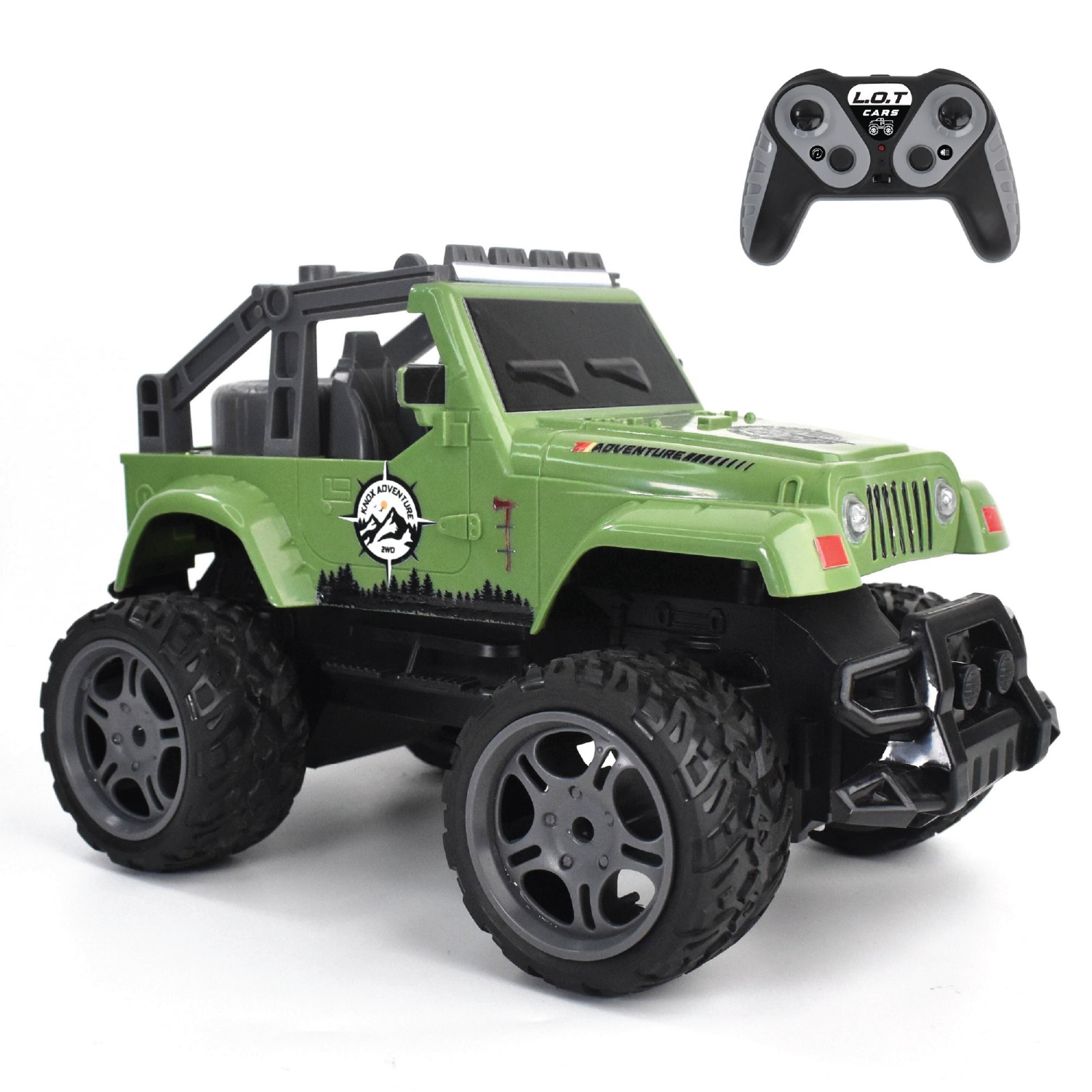 Green RC off-road vehicle with large wheels and a remote control on a white background