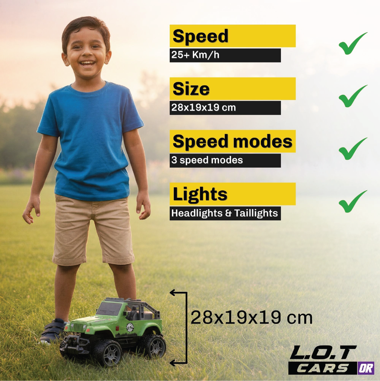 Child with a green RC car, specifications listed on the right, L.O.T Cars brand visible