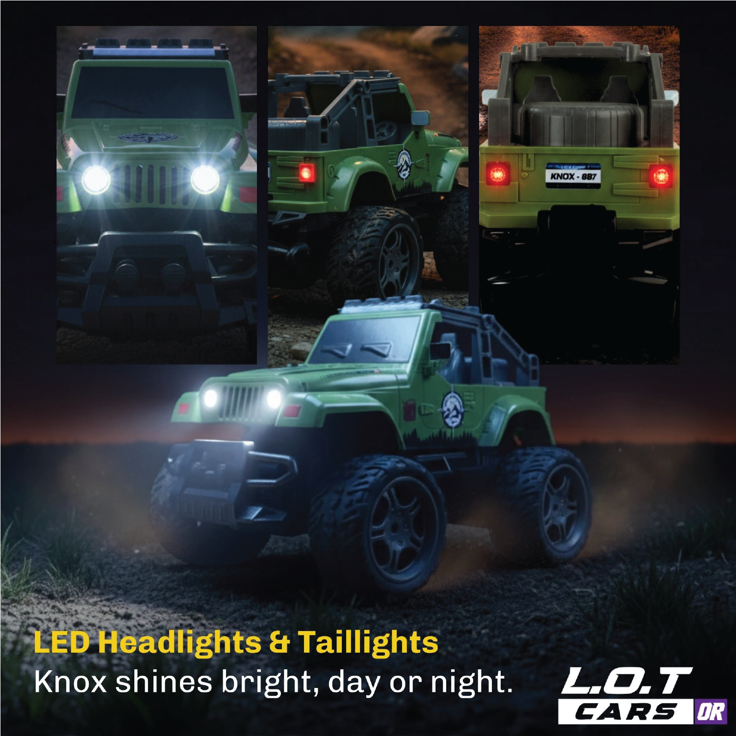 Green RC Jeep with LED headlights and taillights on a dark background, featuring the L.O.T Cars brand.