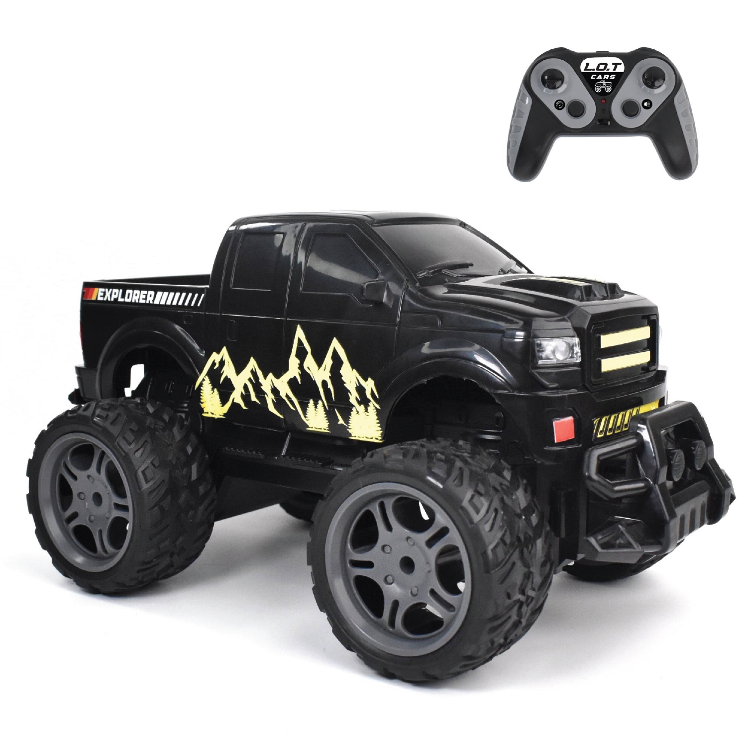 Black RC truck with large wheels and a remote control on a white background