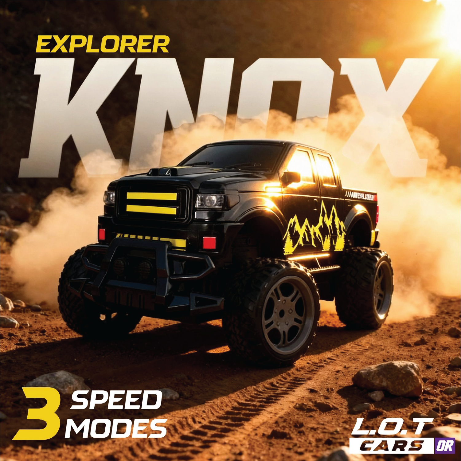 Rc truck with 'Explorer Knox' branding on a desert background