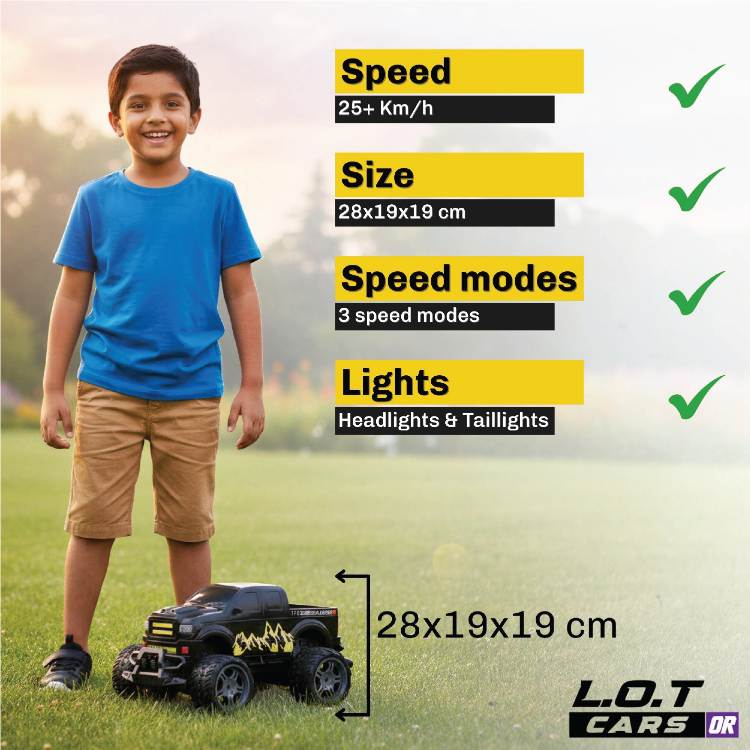 Child standing next to a Remote Control Car with specifications listed on a grassy background