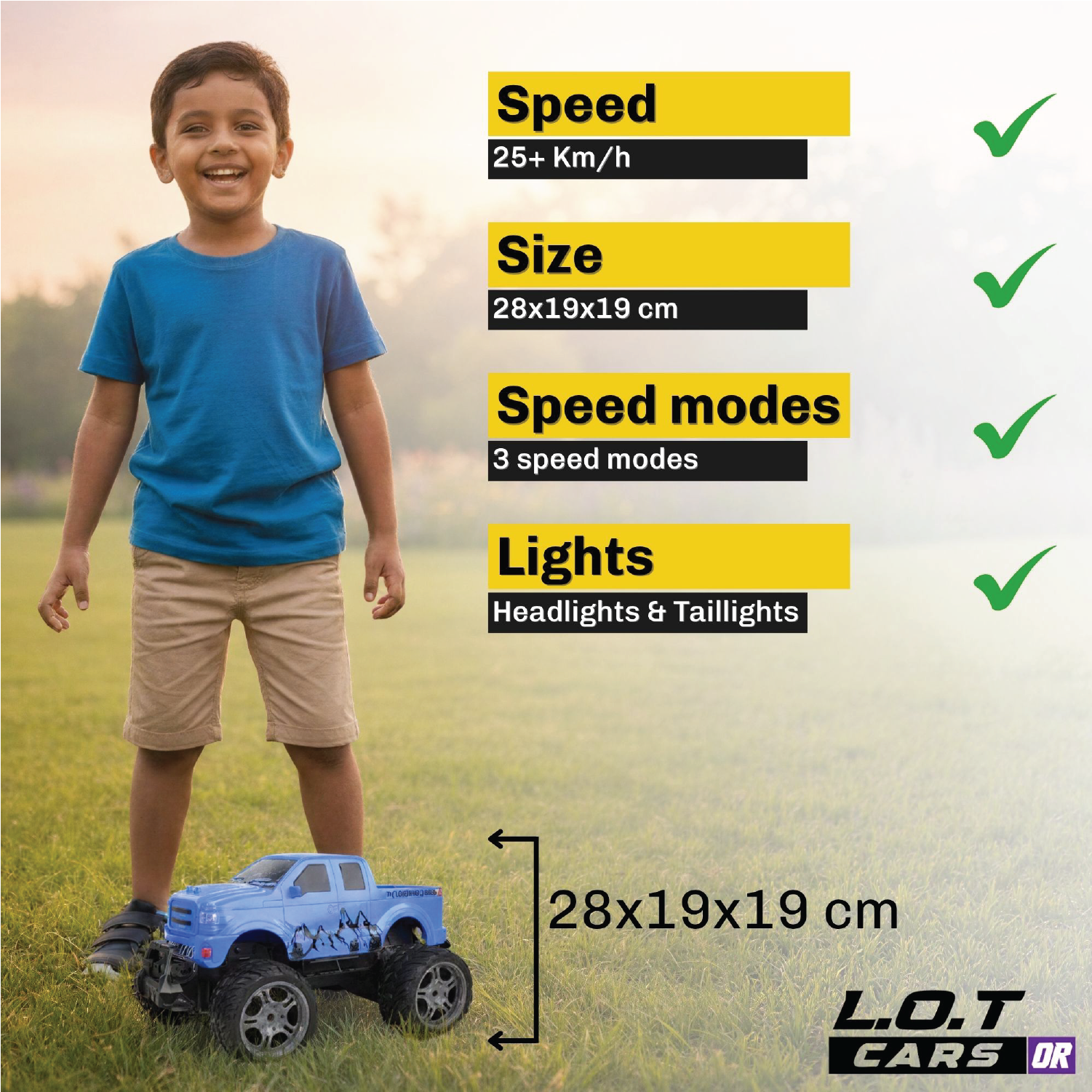 Child standing next to a RC car with product features listed on the right