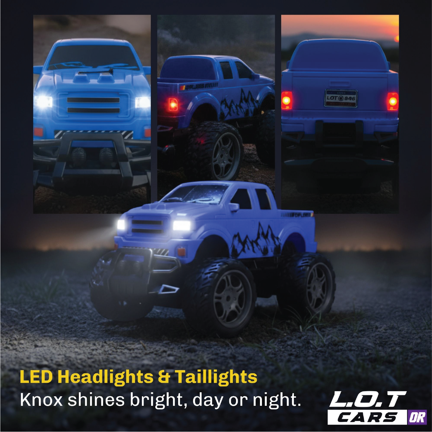 RC truck with LED headlights and taillights displayed in various angles on a dark background.