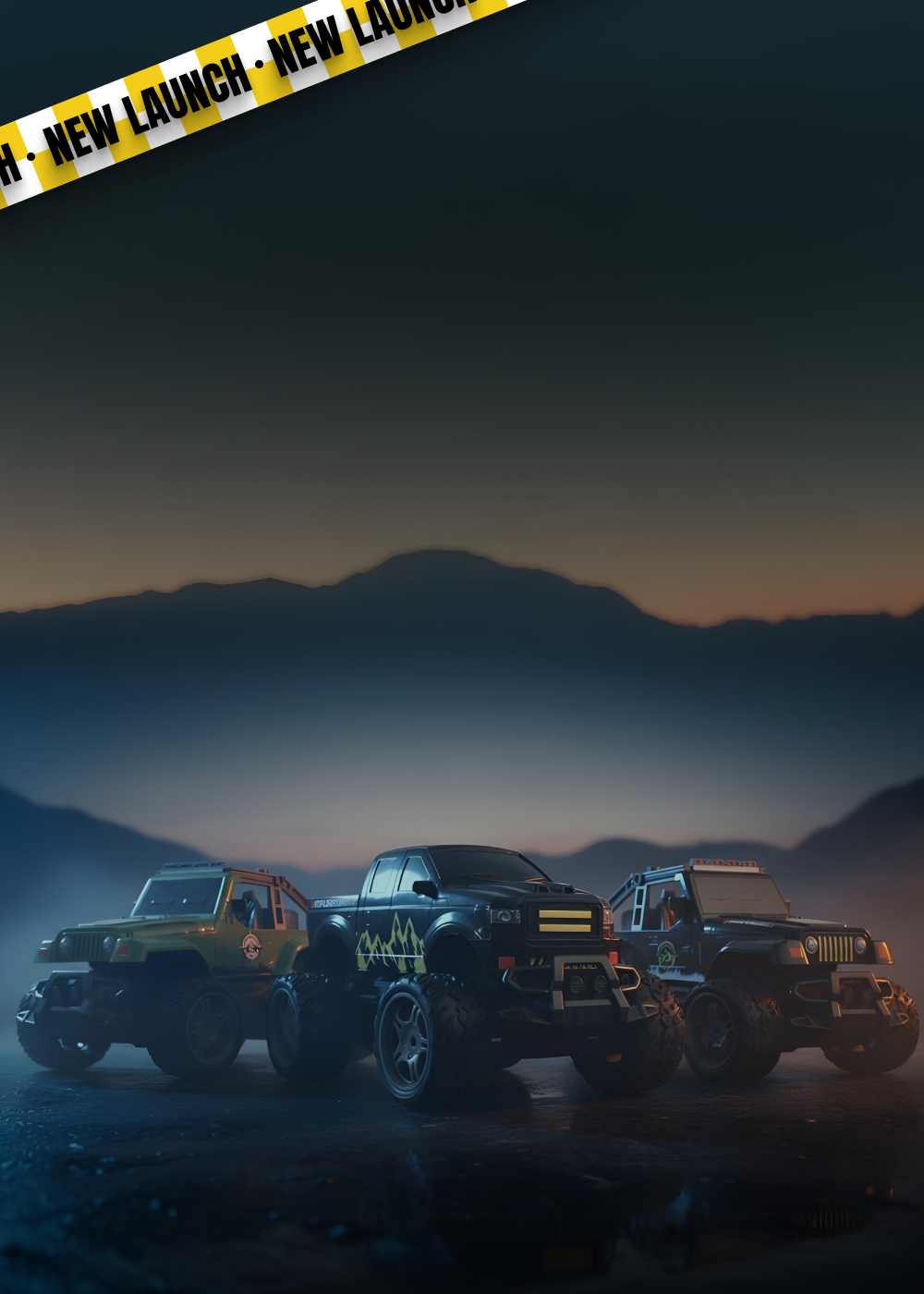 Three off-road vehicles on a mountainous landscape with 'New Launch' text at the top.