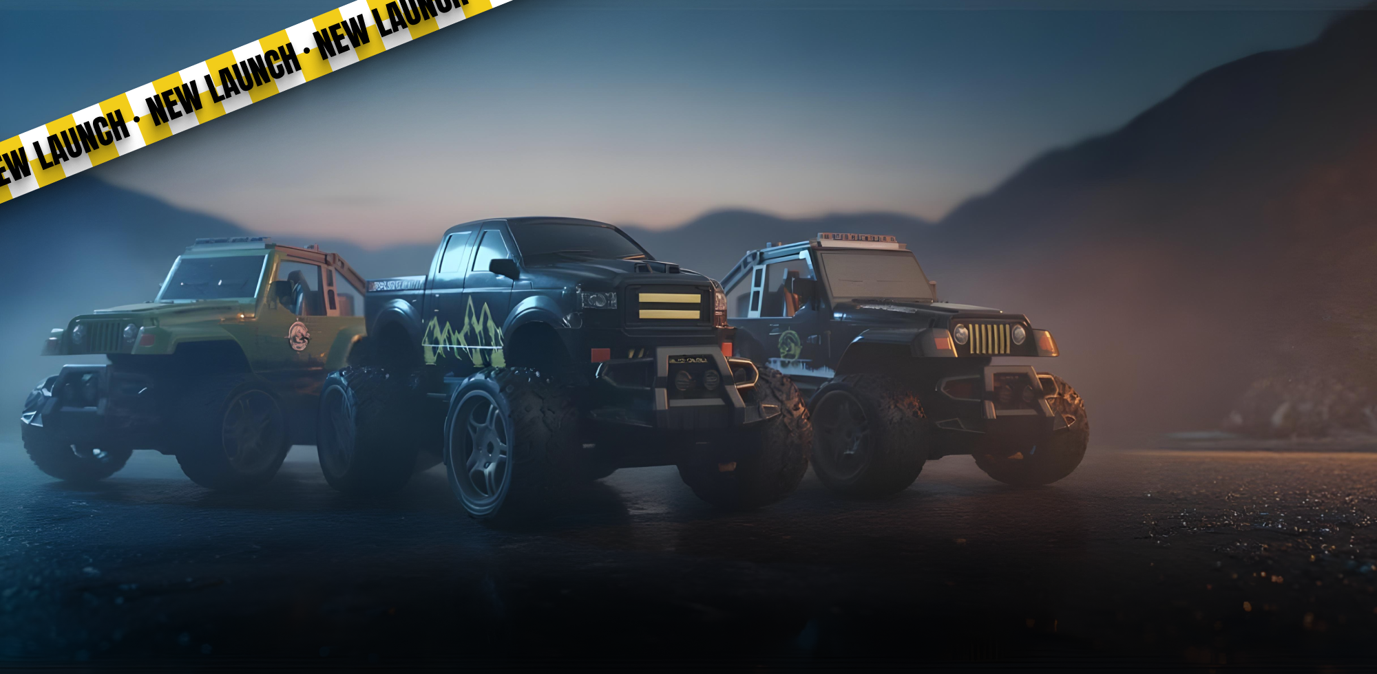 Three off-road vehicles on a desert road with 'New Launch' text at the top.