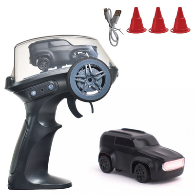 RC car set with controller, car, and traffic cones on a white background